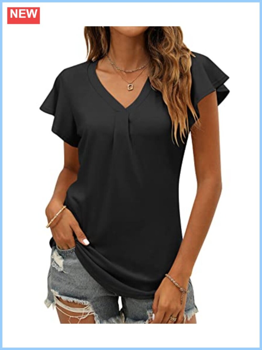 Women's Summer Tunic Top Ruffle Sleeve V Neck Flowy Blouse